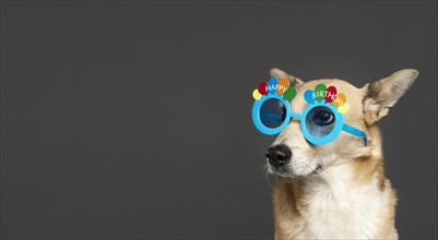 Cute dog wearing blue glasses