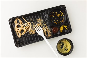 Tray with leftover fast food pasta
