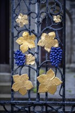 Ironwork in the form of golden vine leaves and vines on a wrought iron door