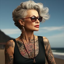 Woman with tattoos on torso at the beach and beach club
