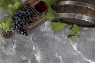 Top view wine barrel marble background