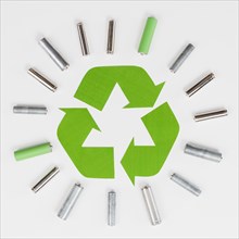 Recycle logo surrounded by trash batteries