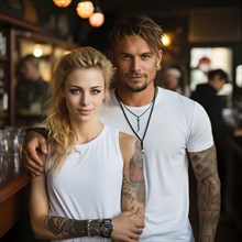 Middle-aged couple with tattoos on their upper arms