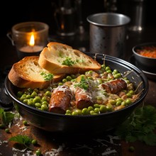 Pea soup with sausage and bread