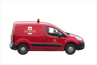 UK postman driving red Peugeot Partner British Royal Mail post van against white background