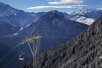 Gondola lift and view over the mountains in the Swiss Alps at Riederalp