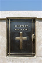 Locker with visitors' book and register at British Cemetery of the Commonwealth War Graves Commission burial ground for First World War One British soldiers