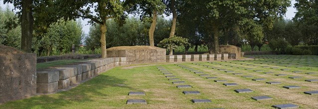 Bunkers and graves of fallen German soldiers at the First World War One military cemetery Deutscher Soldatenfriedhof Langemark