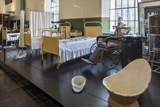 Antique bathtub and sick beds in 19th century ward at the Hopital Notre-Dame a la Rose