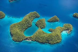 Bird's eye view of Ogyurottoru Island part of Urukthapel Islands of UNESCO Heritage Natural Rock Islands Islands in southern lagoon of Palau in the Pacific Ocean Western Pacific