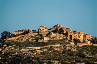 View of a mountain village Corbara in the west of the Mediterranean island Corsica