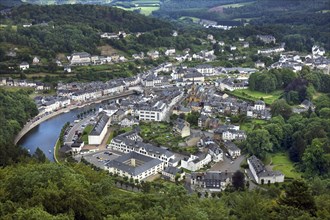 View over the city Bouillon in a meander of the river Semois in the Belgian Ardennes