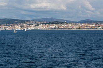 View of city and port from the sea Ria de Vigo estuary