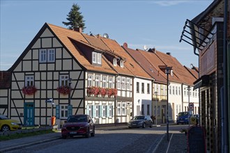 Half-timbered houses in the cobbled Beusterstrasse in Seehausen