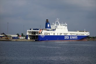 DFDS Seaways freight ship docked at the Mercatordok Multimodal Terminal at the port of Ghent
