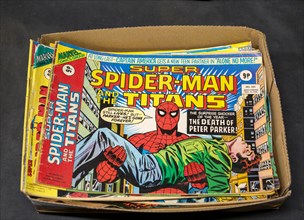 Box of Super Spider-Man Titans comics on display in auction room