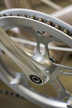 Close up of crankset showing chainring and chain