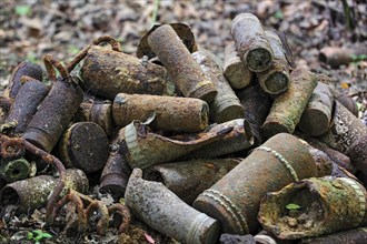 Pile of rusty First World War One artillery grenade shells