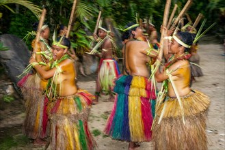 Traditional group of dancers from Yap Island dancing in historical dress headdress performing traditional ritual bamboo dance with bamboo sticks