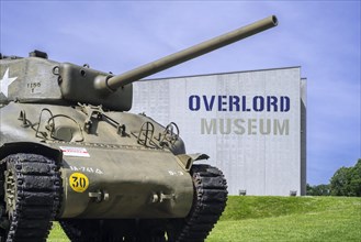 American M4 Sherman tank at the Overlord Museum near Omaha Beach about WW2 Allied landing during D-Day