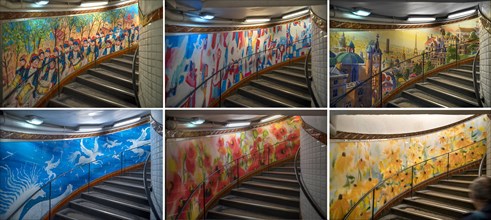 Multi-storey staircases in the Metro station Abbesses creatively designed with paintings