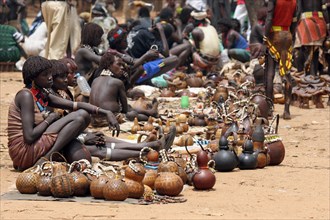 Vendors from the Hamar Tribe selling goods on the market in Market town Dimeka