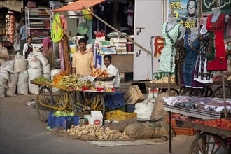 Vendors selling fruit on cart at market in Mathura