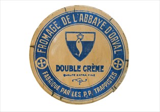 Orval Abbey cheese in vintage round wooden box at the Abbaye Notre-Dame d'Orval