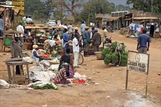 Stallholders selling fruit and vegetables at market in village in Uganda