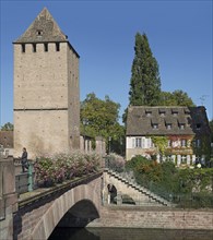 One of four towers of the medieval Ponts Couverts over the River Ill in the Petite France quarter of the city Strasbourg