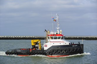 Tugboat Sea Alfa entering port on the North Sea