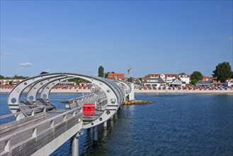 Sea bridge and roofed wicker beach chairs along the Baltic Sea at Kellenhusen