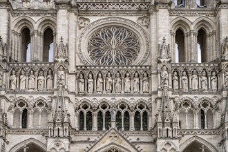 Statues of the Kings and rose window on the west facade of Notre Dame d'Amiens Cathedral