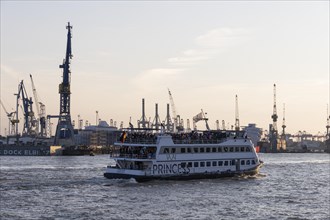 Party guests on the excursion ship MS Princess at dusk underway on the Elbe in Hamburg harbour