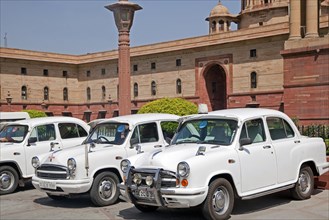 Traditional old fashioned white Indian cars at Rashtrapati Bhavan