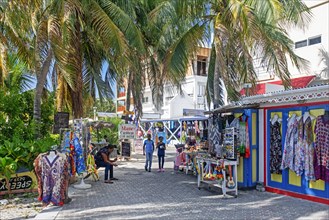 Souvenirs shop and palm trees along boulevard in the capital city Philipsburg of the Dutch island part of Sint Maarten