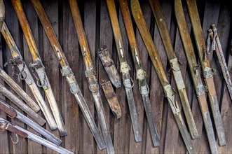 Old wooden skis with spring binding