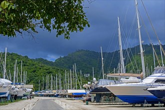 Yachts and sailing boats on dry dock in the harbour of Chaguaramas near Port of Spain during hurricane season