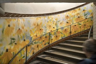 Staircase in the Metro station Abbesses designed with a watercolour of flowers