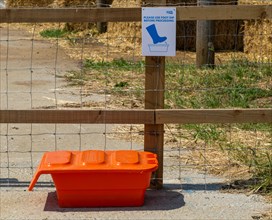 Sign and bucket for foot dip at pig farm