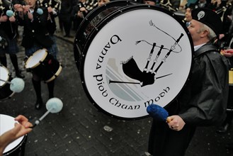 Members of the Clew Bay pipe band give a performance in Temple Bar during Tradfest