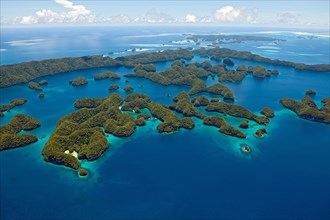 Bird's eye view of UNESCO Natural Heritage Rock Islands in southern lagoon of Palau