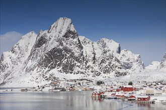 Robur cottages at fishing village Reine in the snow in winter