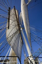Sails and rigging on board of the tall ship