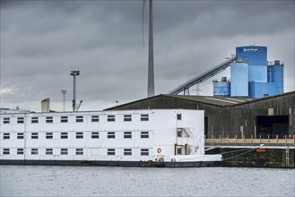 Arrival of pontoon De Reno in the Ghent port. Former floating prison from the Netherlands will now be used to accommodate up to 250 asylum seekers at the Rigakaai dock in the harbour of Ghent