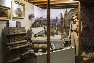 First World War One weapons and diorama of British tank commander in the Hooge Crater Museum at Zillebeke