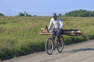 Elderly Argentinean cyclist transporting firewood on his bicycle