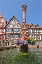 Market fountain with flower decoration and half-timbered houses