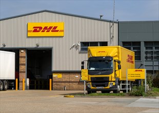 DHL parcel depot with HGV lorry vehicle