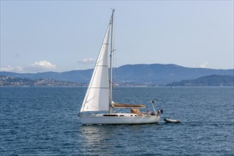 'Sprindrift of Realm' yacht sailing boat in estuary of Ria de Vigo